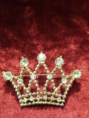 Gold Rhinestone Crown Brooch - Sparkling Gold Tiara Pin